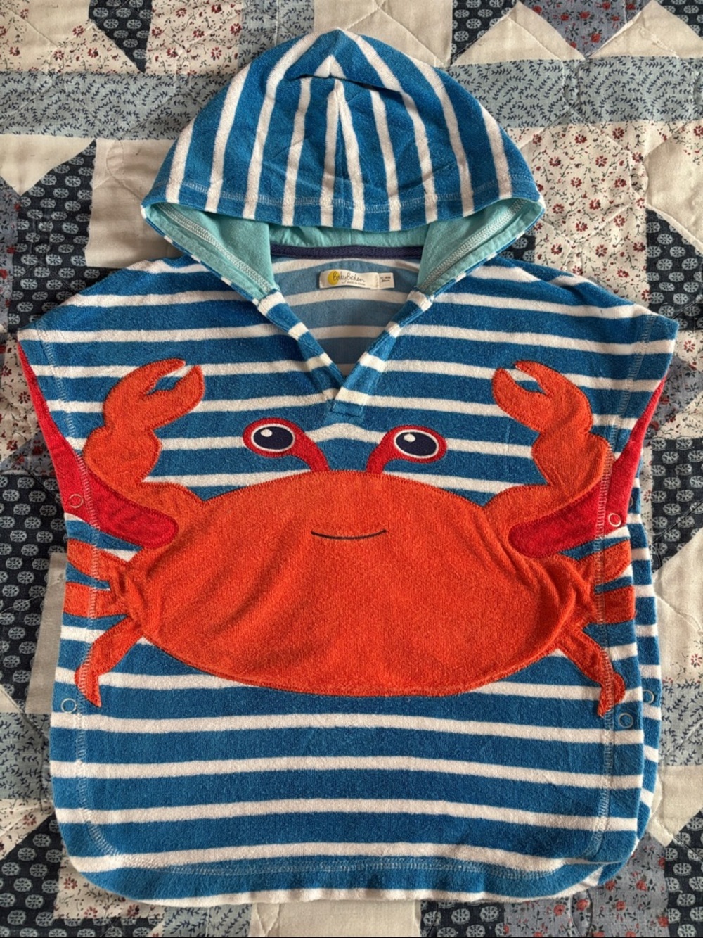 Baby Boden Blue & White Striped Hooded Swim Poncho with Orange Crab Applique